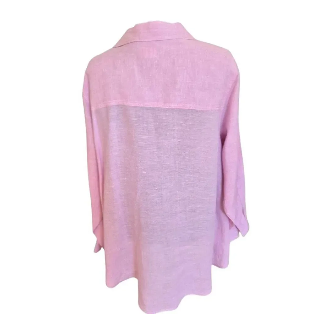 Sigrid Olsen Womens Collared Linen Long Sleeve Tunic Button Up Shirt Pink Sz 2X